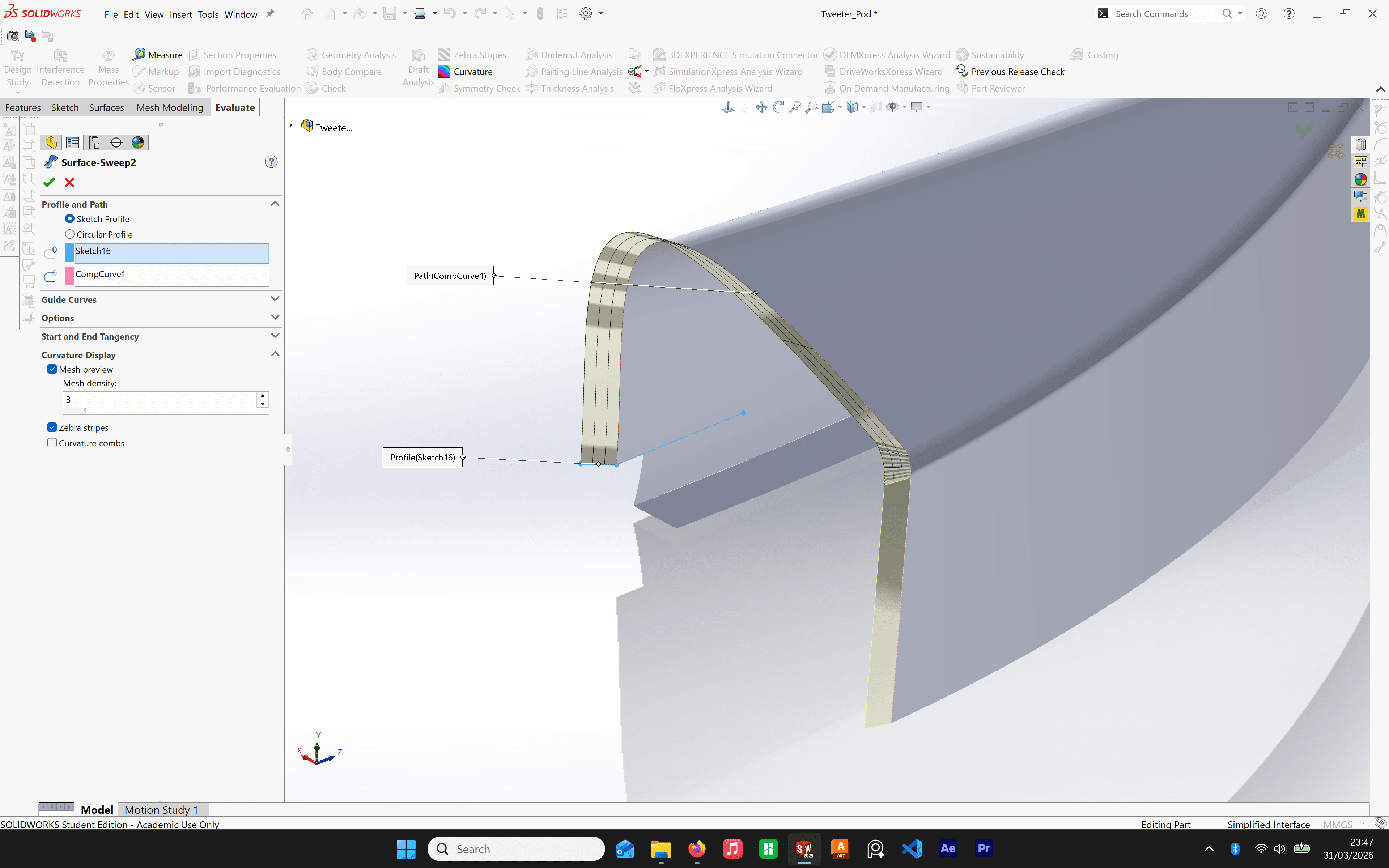 Swept flange with composite curve